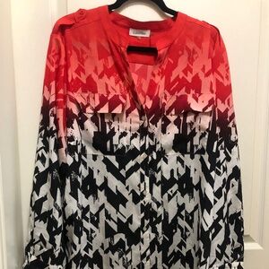 Calvin Klein 2X abstract blouse button front black white red convertible sleeve